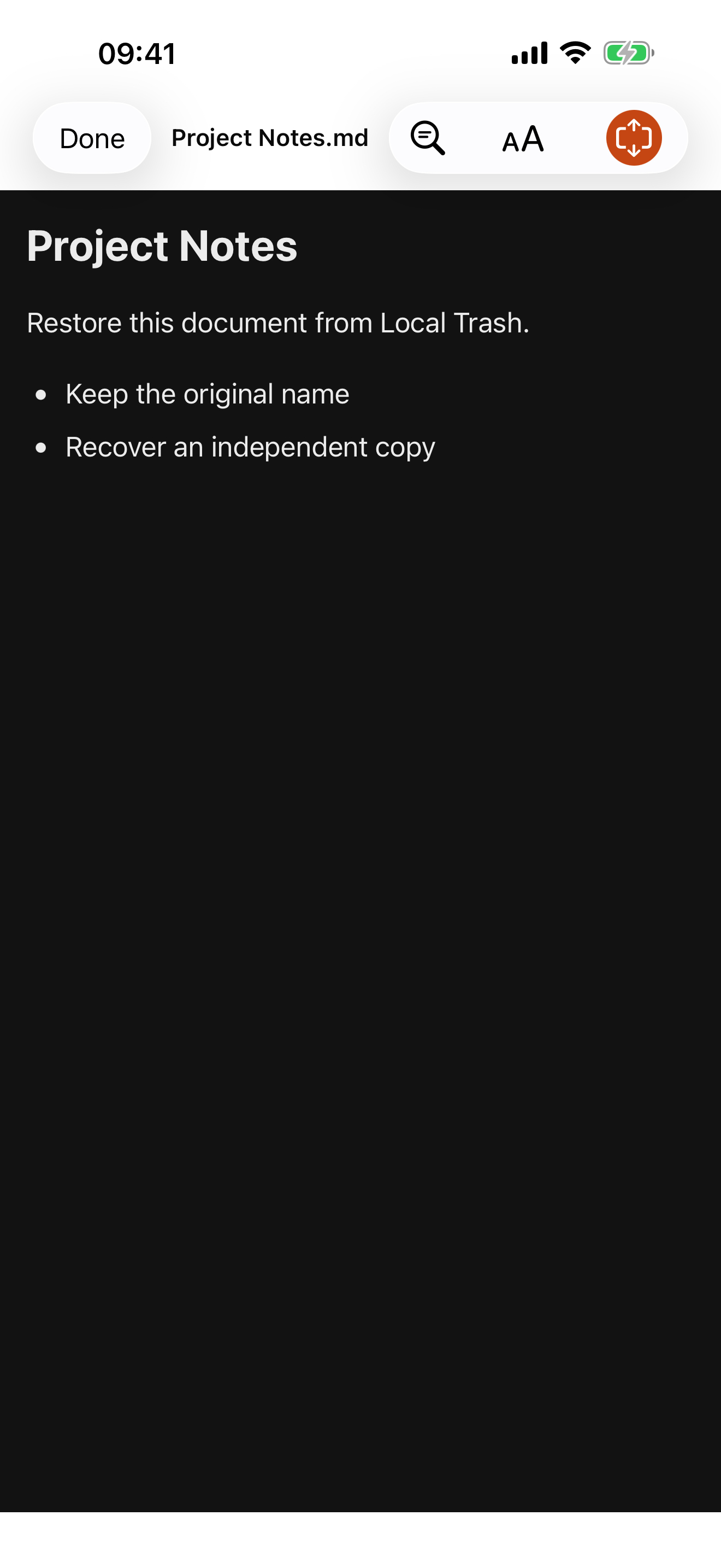 Markless English reader displaying document text and a list