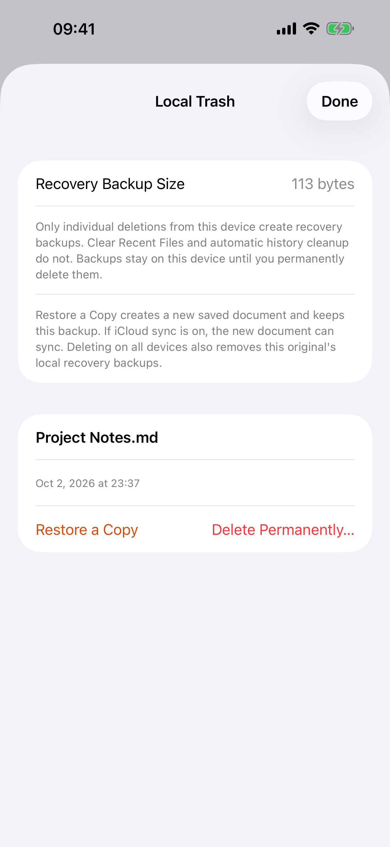 Local Trash displaying a document recovery backup