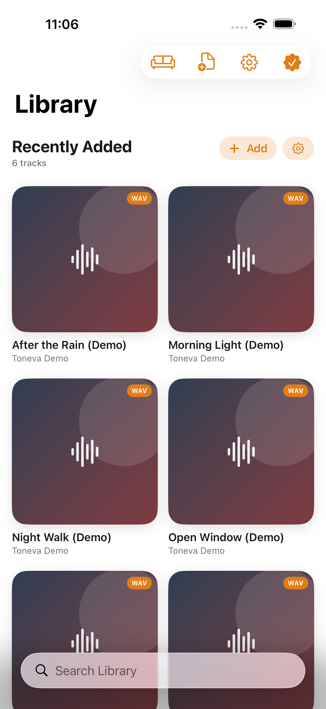 Toneva Library with owned silent Demo tracks; current native UI preview, not bundled music