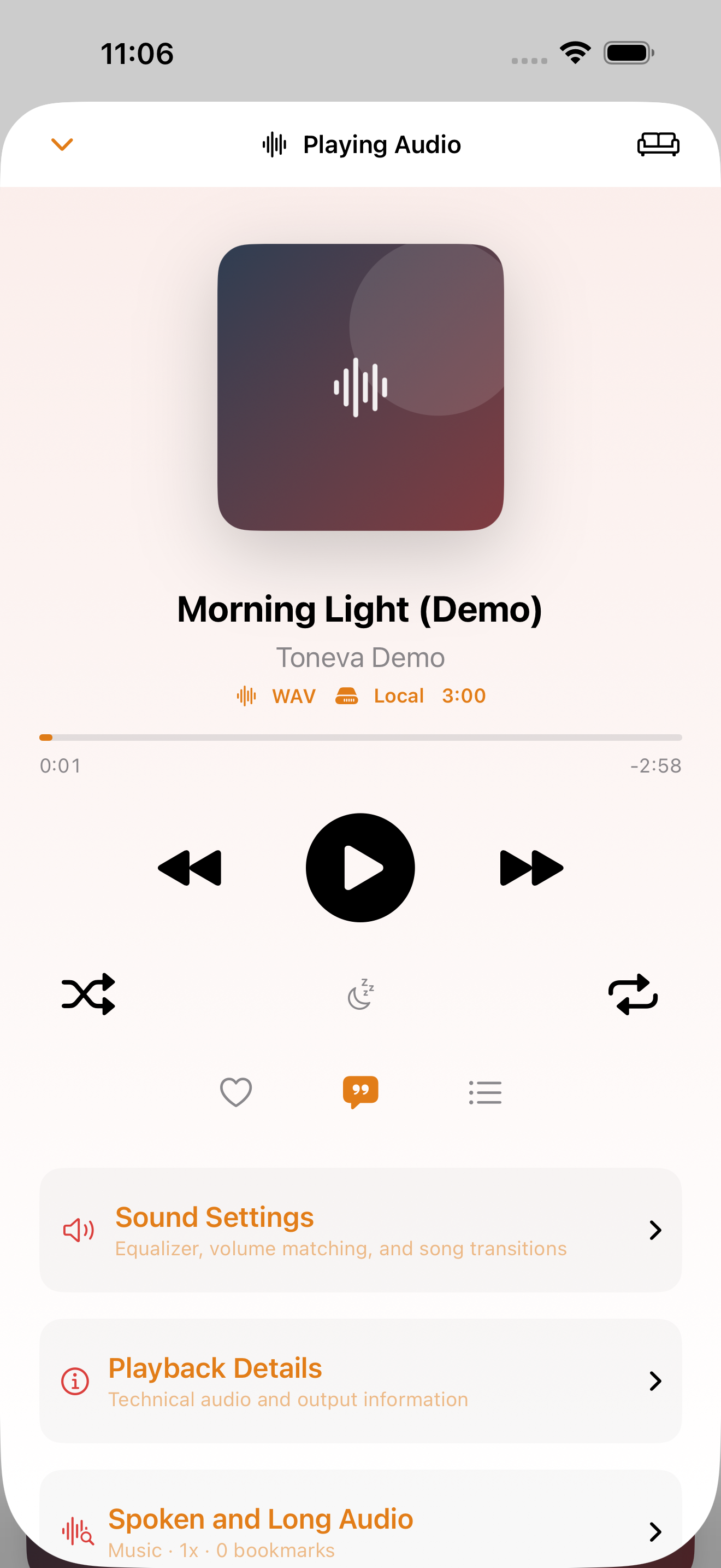 Toneva audio player with a Demo track; current native UI preview, not bundled music