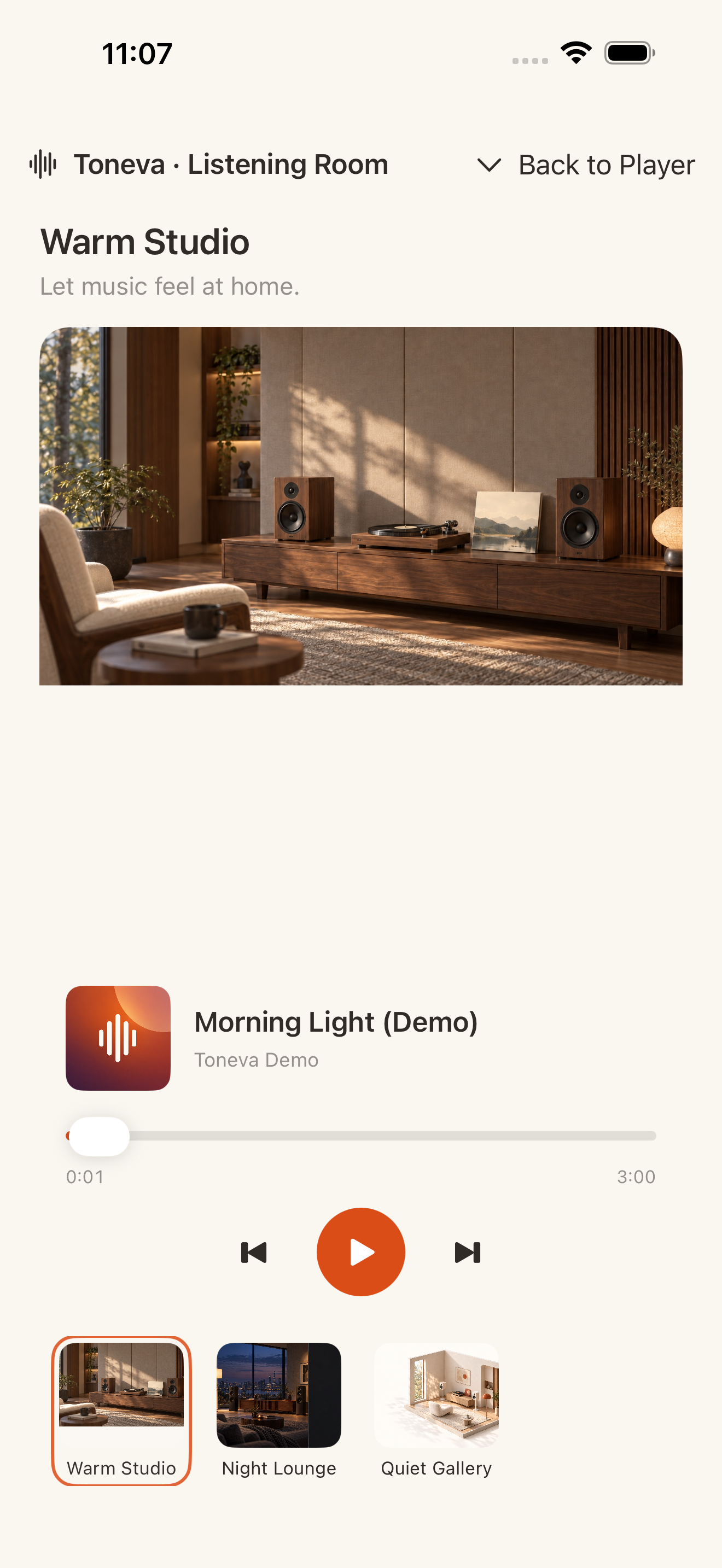 Toneva Warm Studio visual listening room; current native UI preview, not bundled music