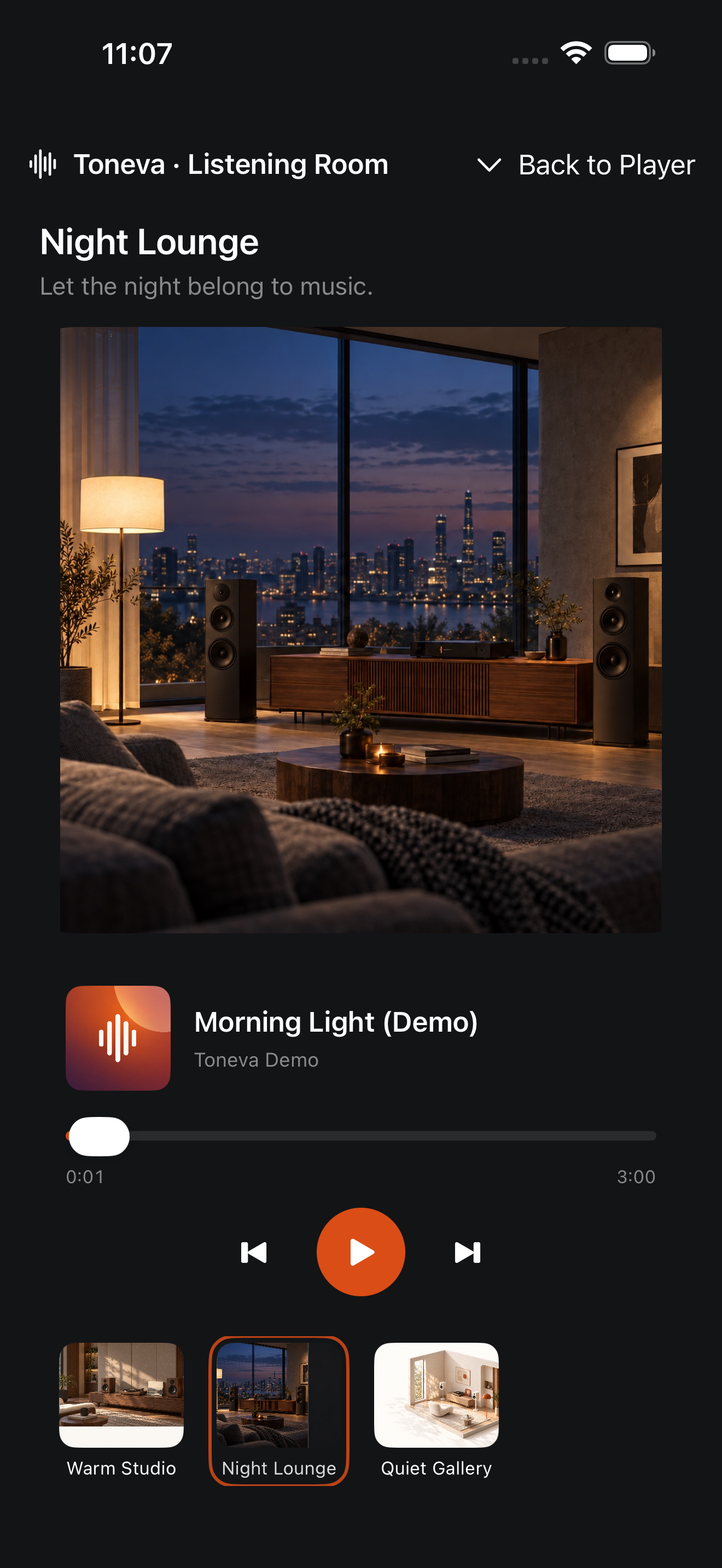 Toneva Night Lounge visual listening room; current native UI preview, not bundled music