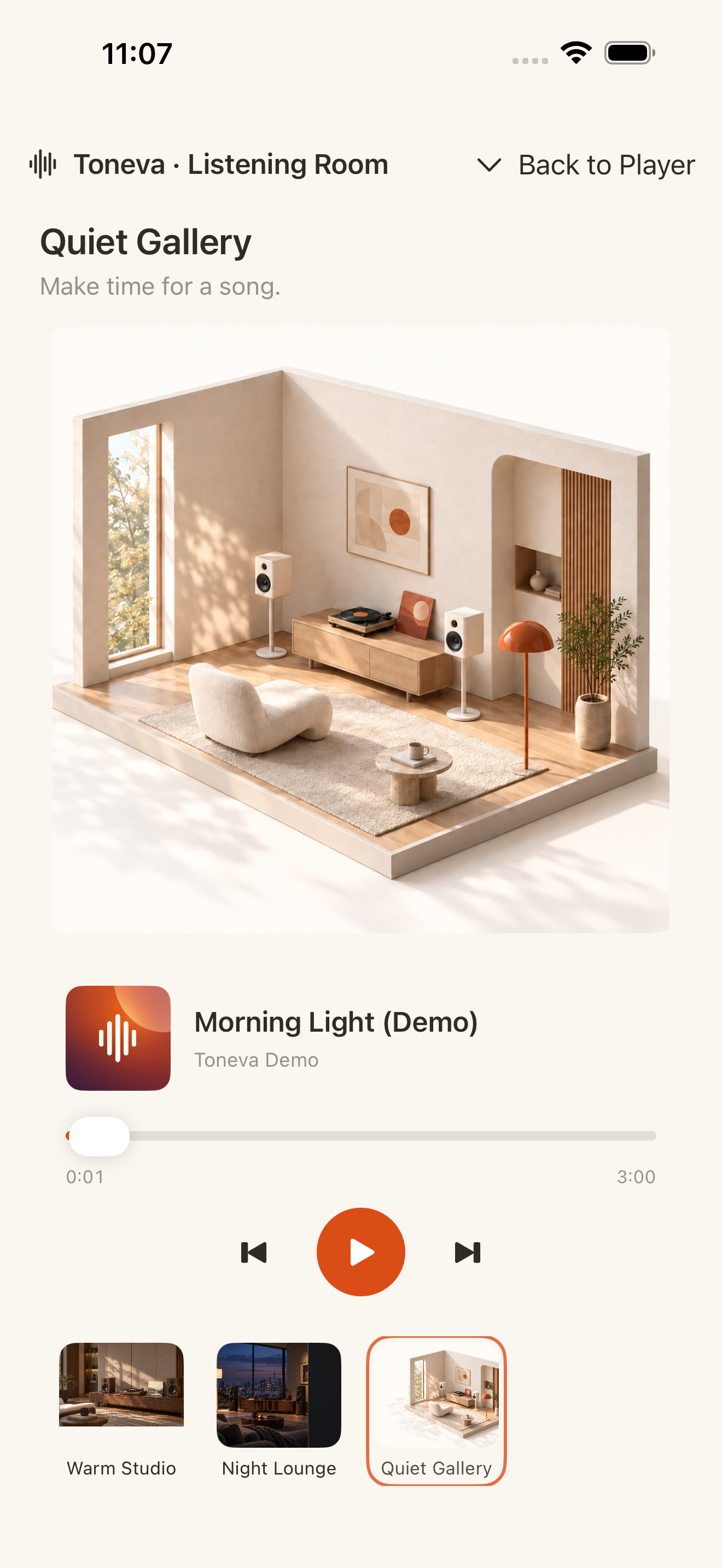 Toneva Quiet Gallery visual listening room; current native UI preview, not bundled music